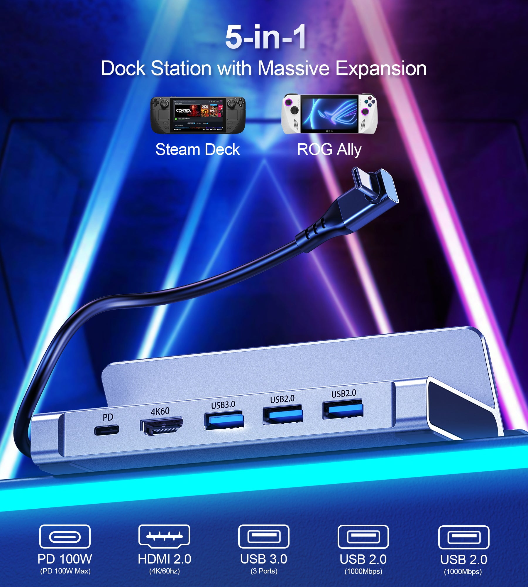 Docking Station USB-C 5 en 1 HUB Gaming HDMI 4K 60Hz 100W Steam Deck