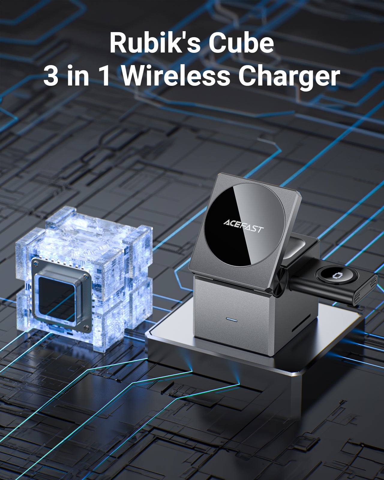Cargador Inalámbrico Acefast 3 en 1 Cubo Rubik iPhone,Watch y Airpods