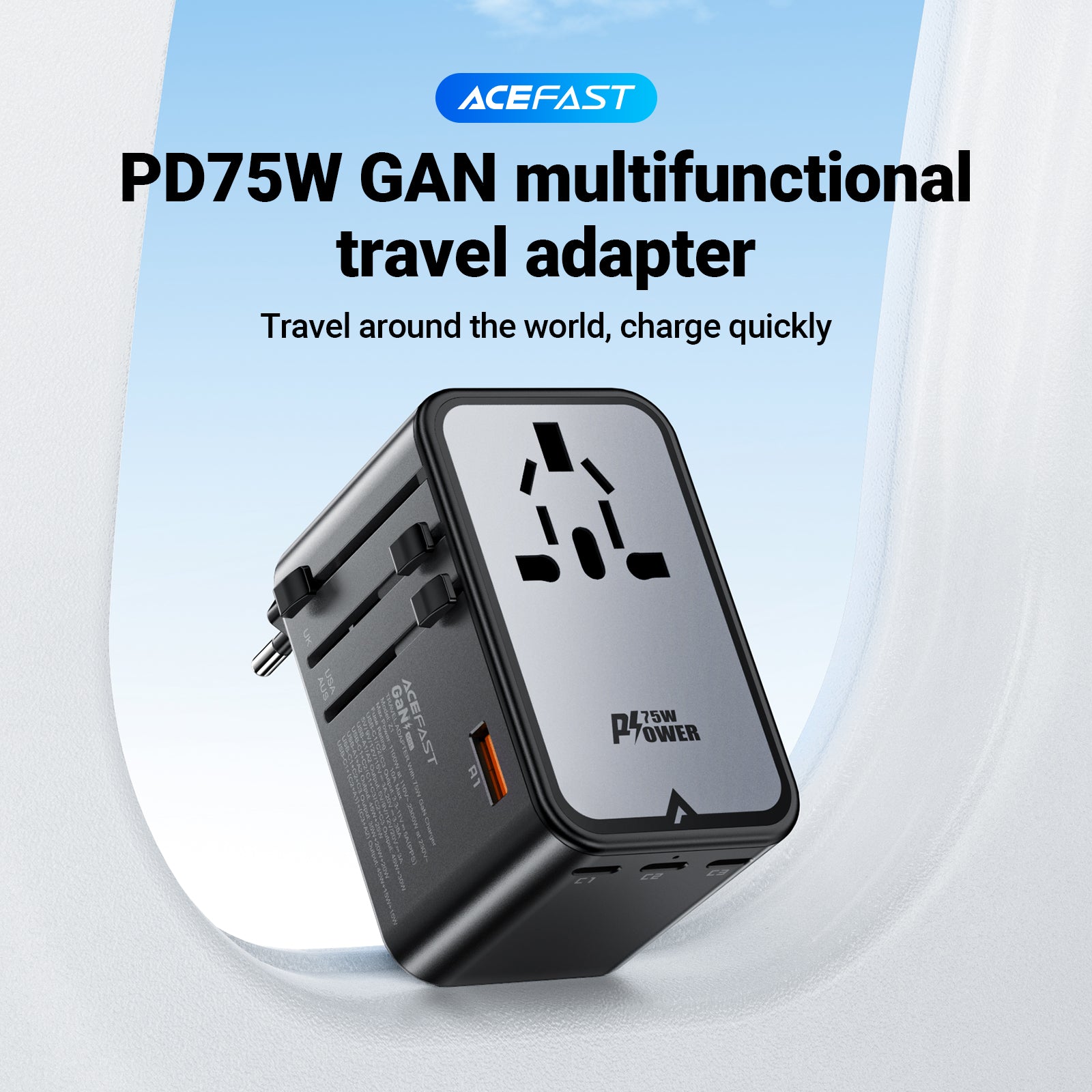 Adaptador de viaje Acefast GaN 75W 3xUSBC +2xUSBA +1xAC Multifuncional