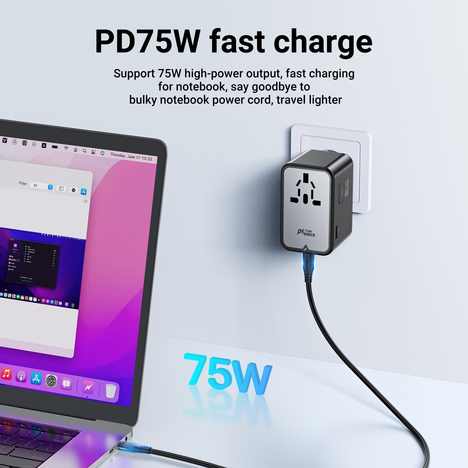 Cargador Universal Acefast GaN 75W 3xUSBC +2xUSBA +1xAC Multifuncional
