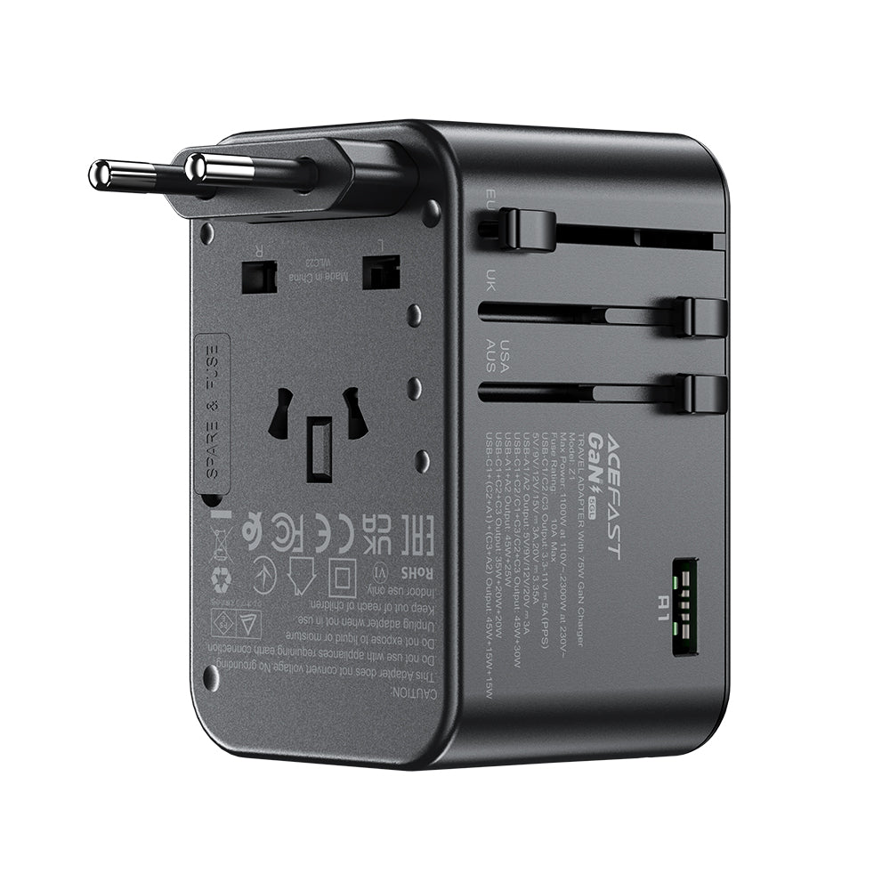 Cargador Universal Acefast GaN 75W 3xUSBC +2xUSBA +1xAC Multifuncional