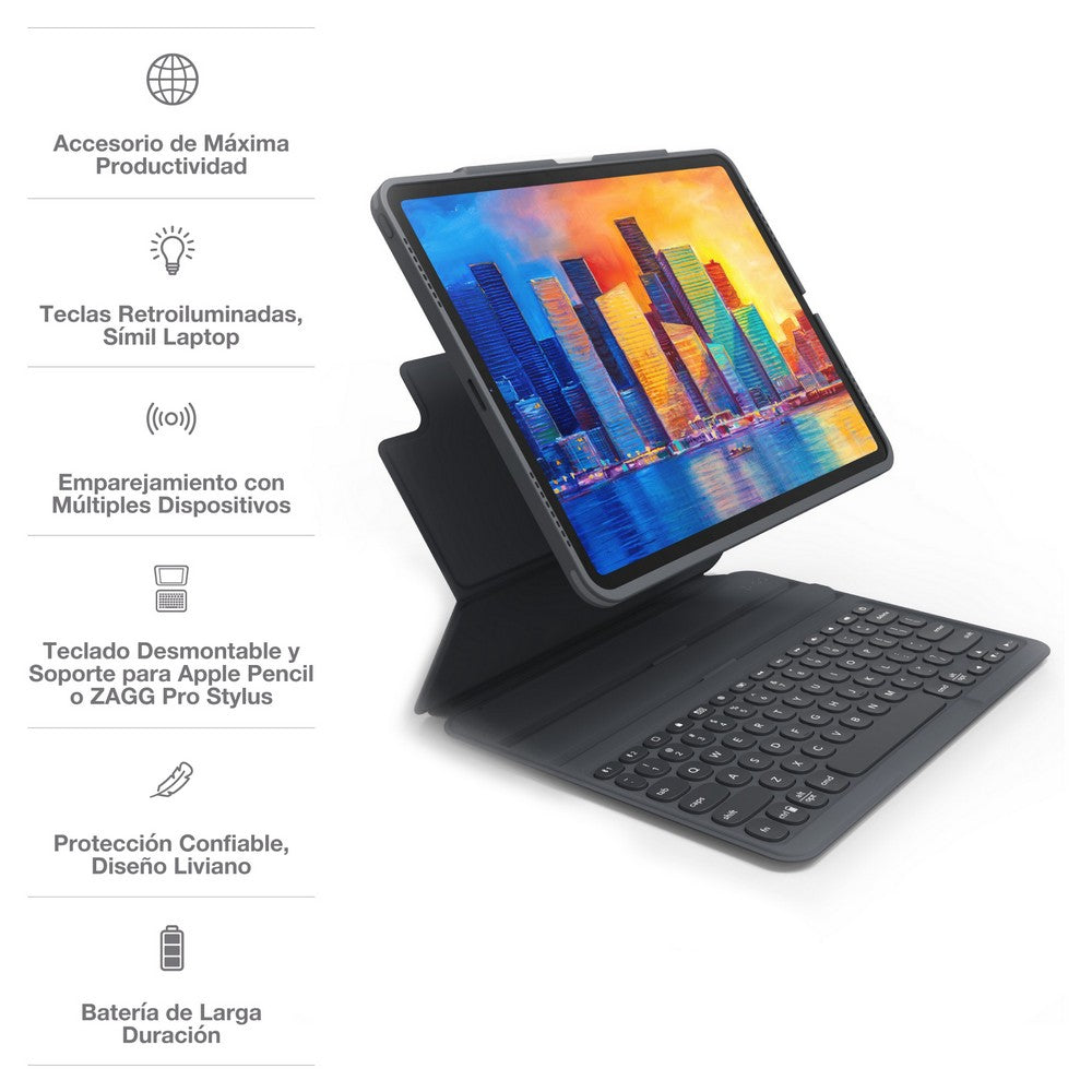 Teclado con Funda ZAGG Pro Keys Retroiluminado para iPad Pro 12.9'' (3a, 4a, 5a Y 6a Gen), iPad Air 13'' (M2) - Negro/Gris