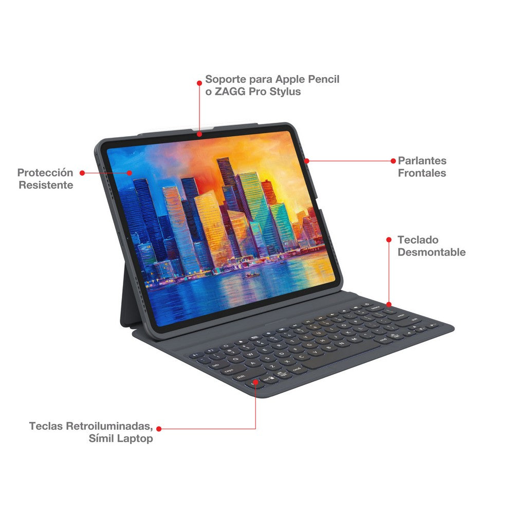 Teclado con Funda ZAGG Pro Keys Retroiluminado para iPad Pro 12.9'' (3a, 4a, 5a Y 6a Gen), iPad Air 13'' (M2) - Negro/Gris