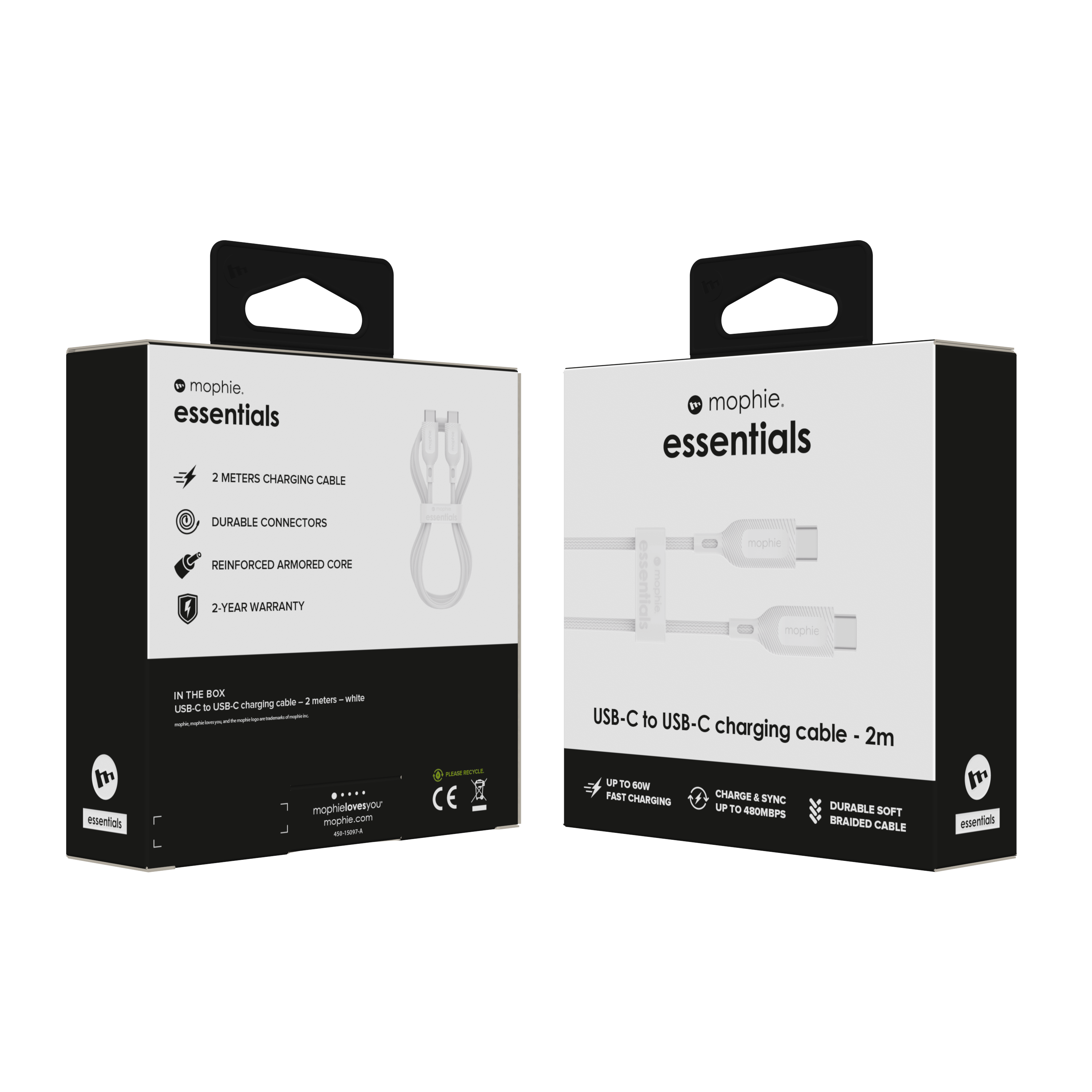 Cable de carga mophie USB-C a USB-C 2 metros hasta 60W de carga - Blanco