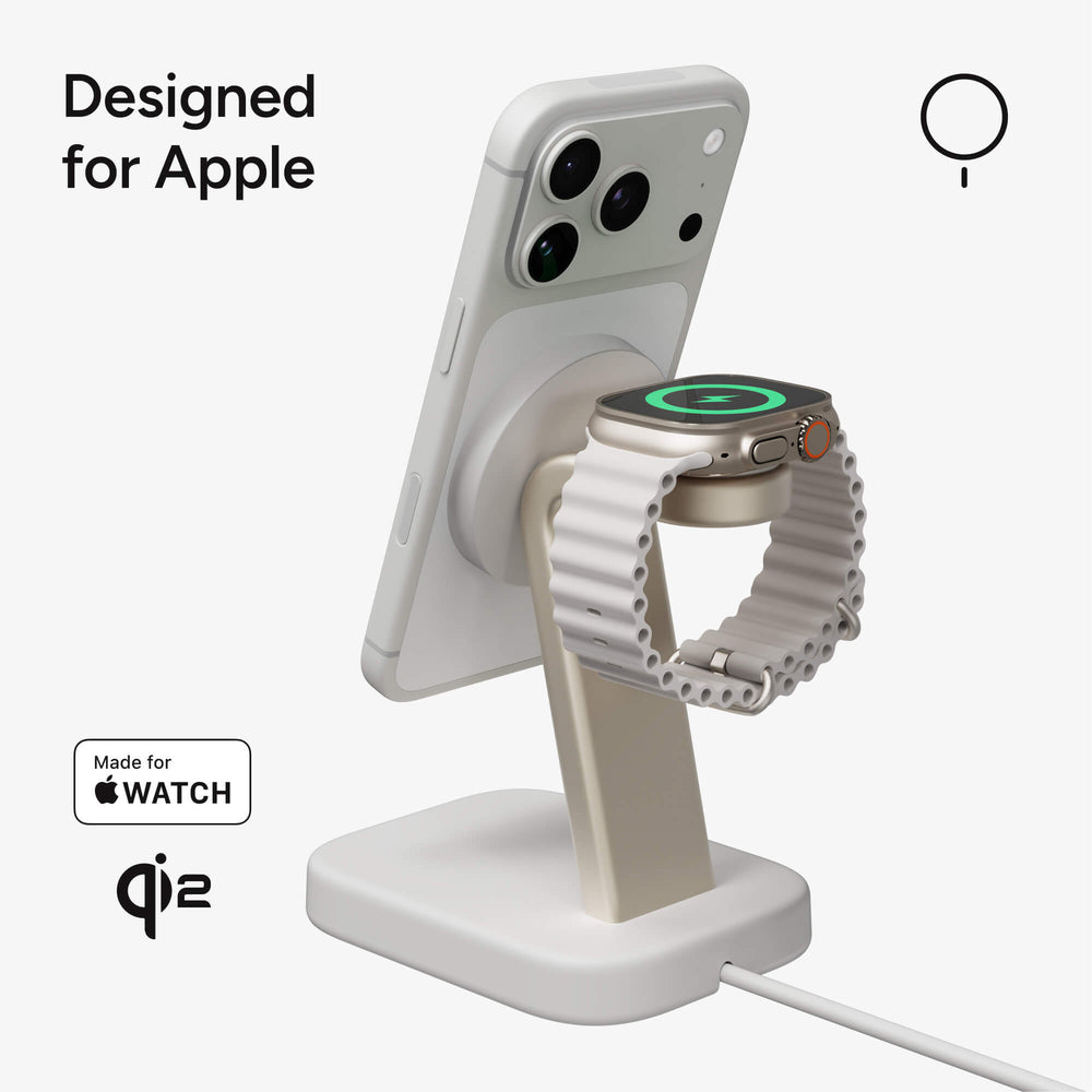 Base de carga inalámbrica mophie 2 en 1 con certificación Qi2 para iPhone y Apple Watch