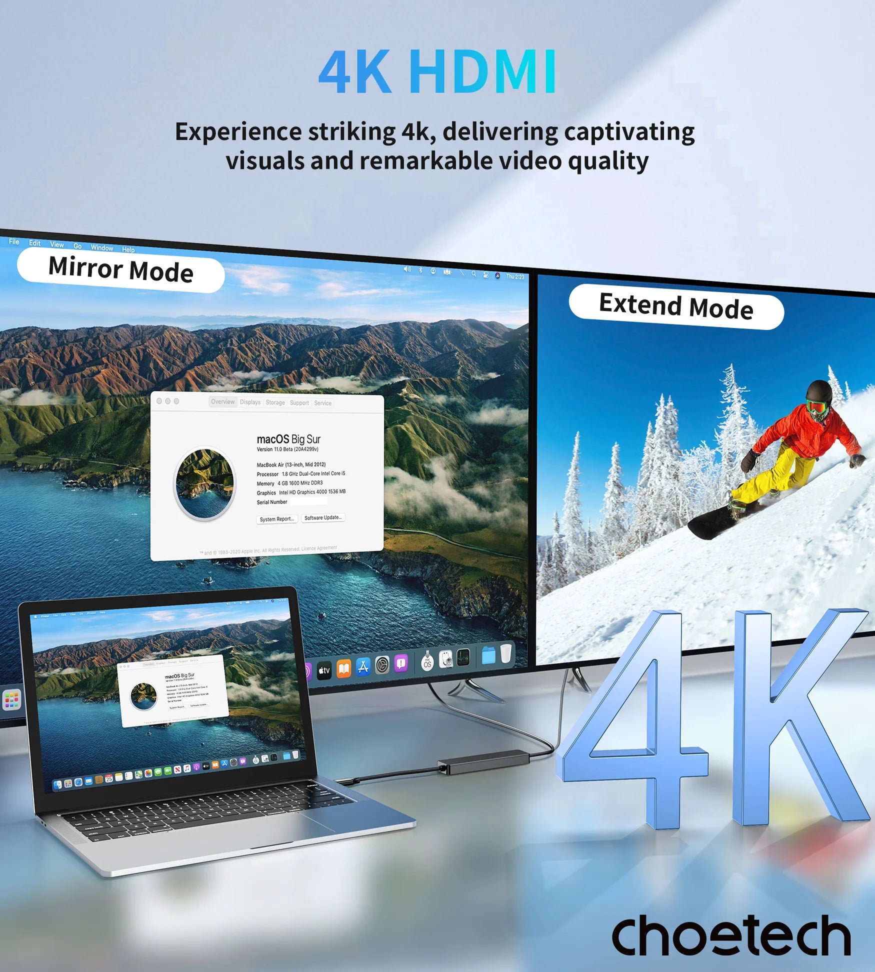 Adaptador Hub USB Tipo C 5 en 1 Choetech HDMI 4K PD 100W Laptop y Mac