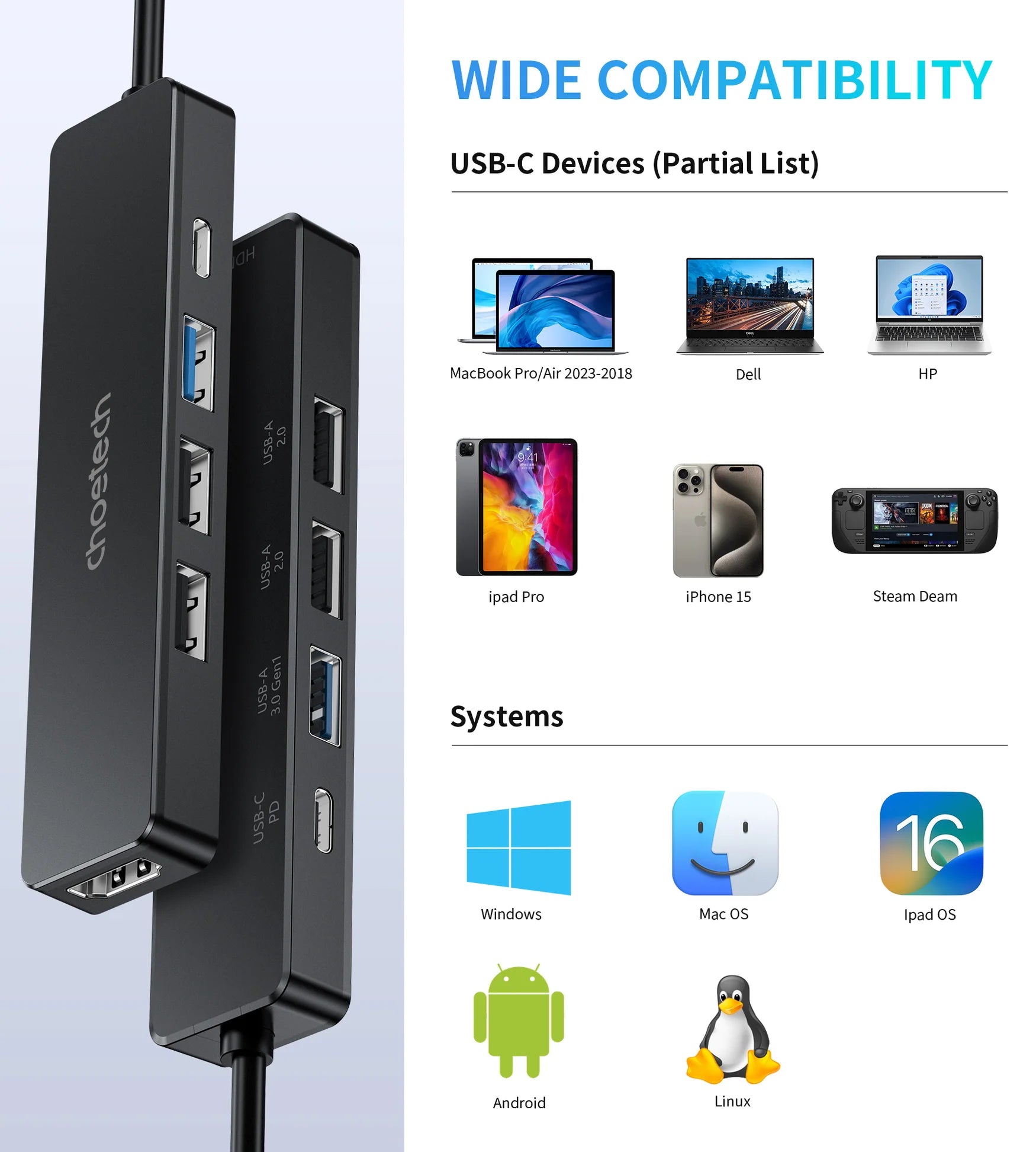 Adaptador Hub USB Tipo C 5 en 1 Choetech HDMI 4K PD 100W Laptop y Mac