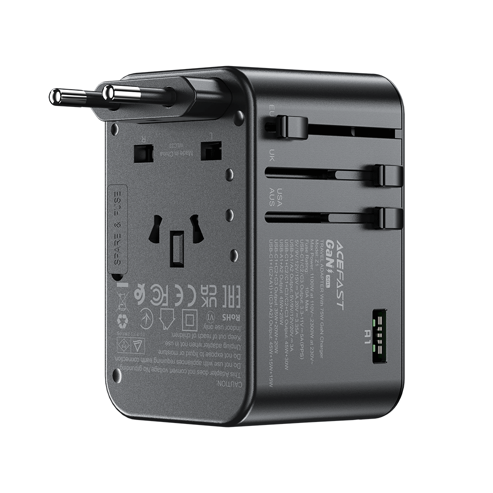 Cargador Universal Acefast GaN 75W 3xUSBC +2xUSBA +1xAC Multifuncional