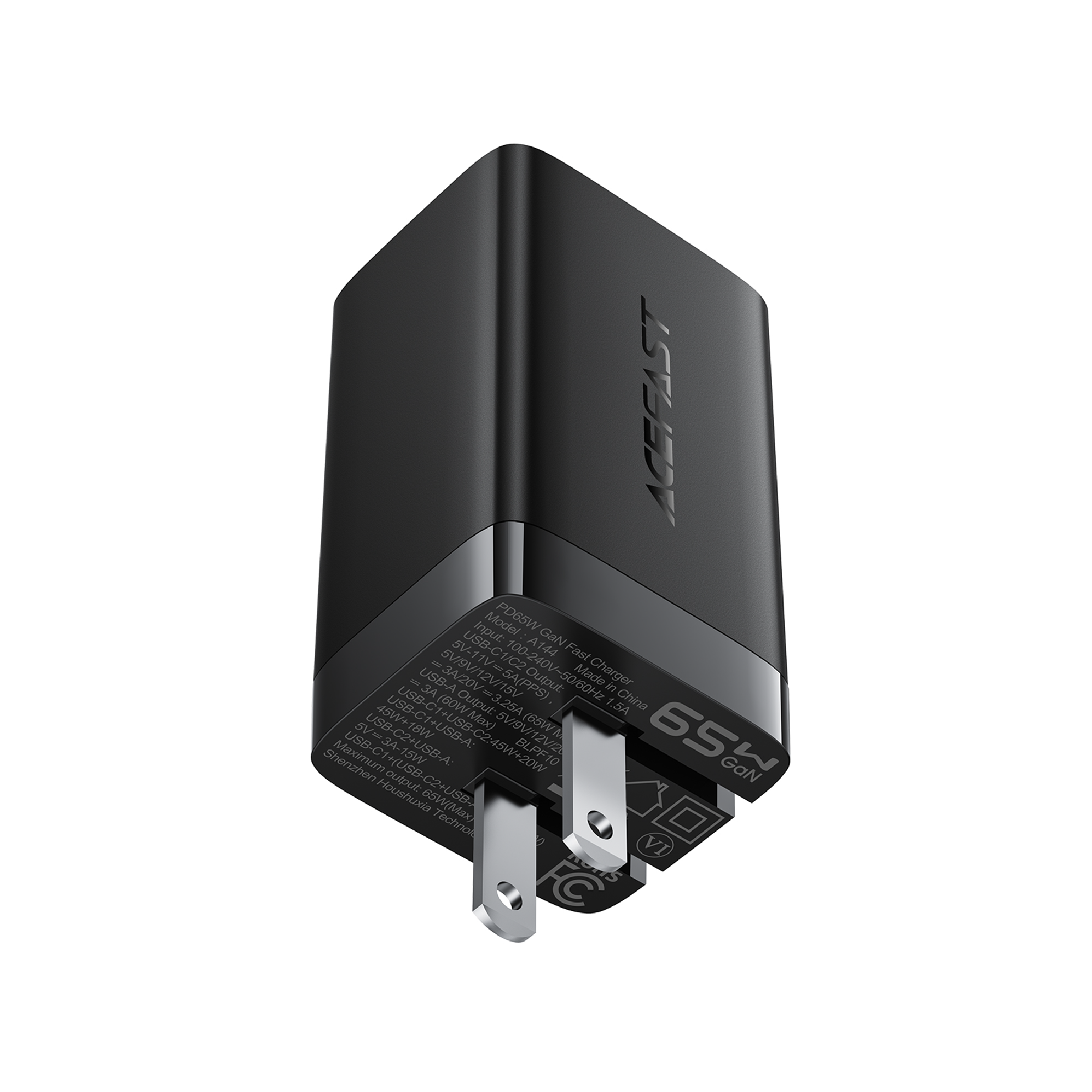 Cargador de Pared Acefast A144 GaN 65W – 3 Puertos (2 USB-C + 1 USB-A), Negro