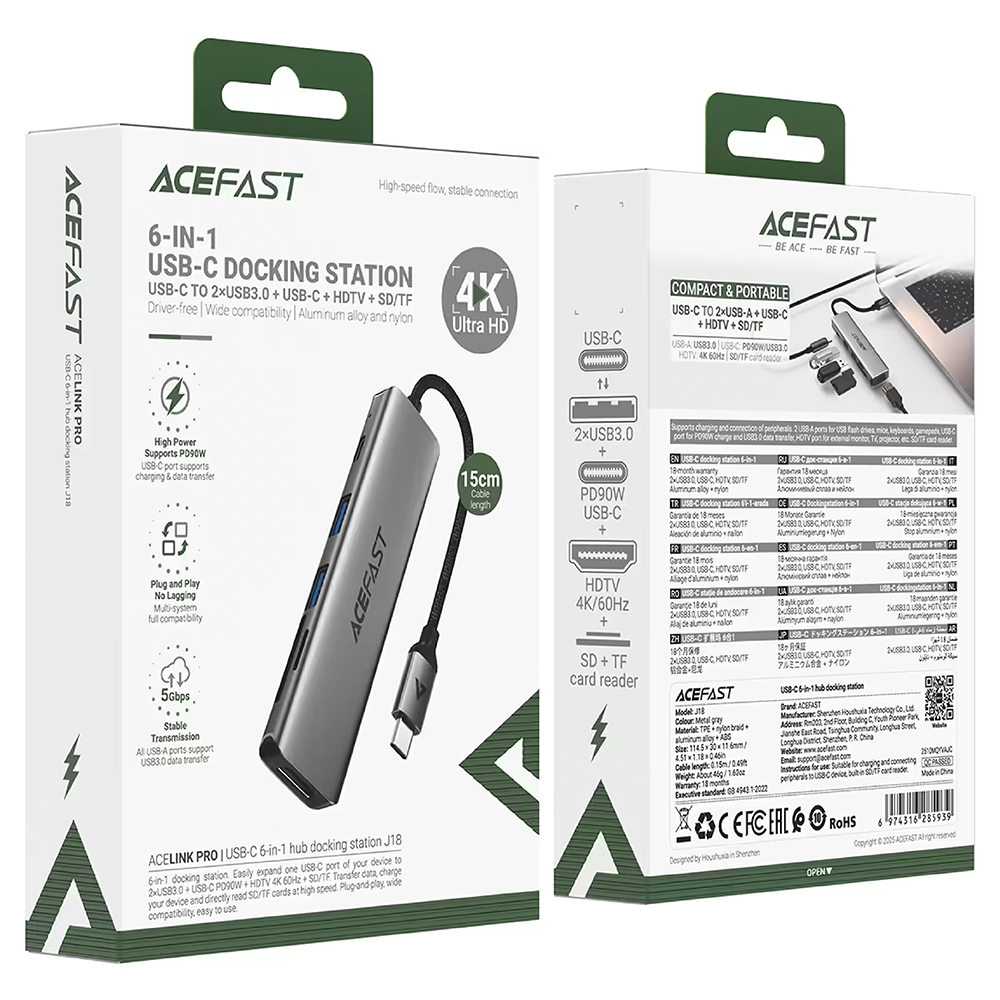 Hub 6 en 1 Acefast J18 USB-C – Estación de Acoplamiento con HDMI 4K y Puertos USB