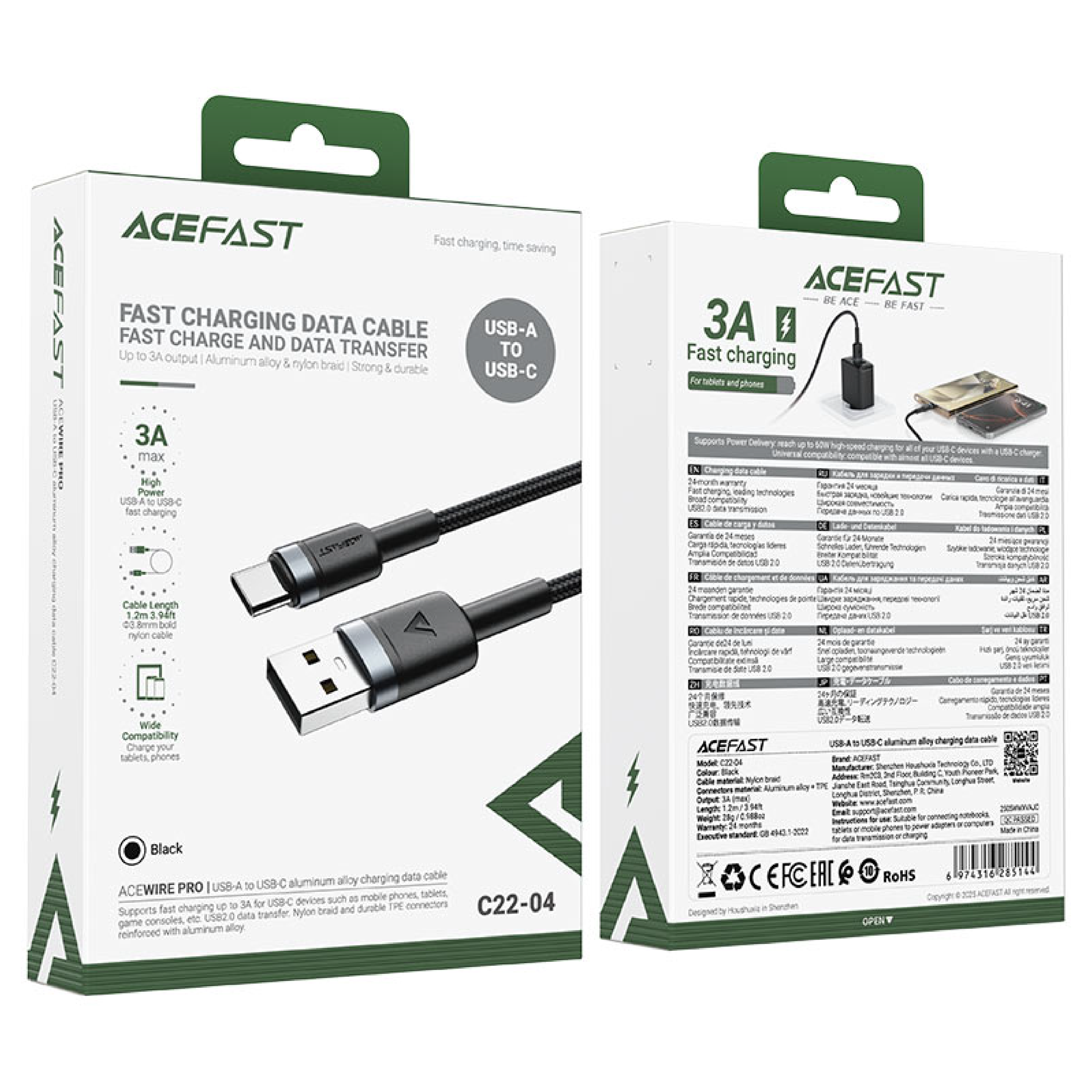 Cable de Carga 3A y Datos Acefast C22-04 USB-A a USB-C – Aleación de Aluminio, 1.2m