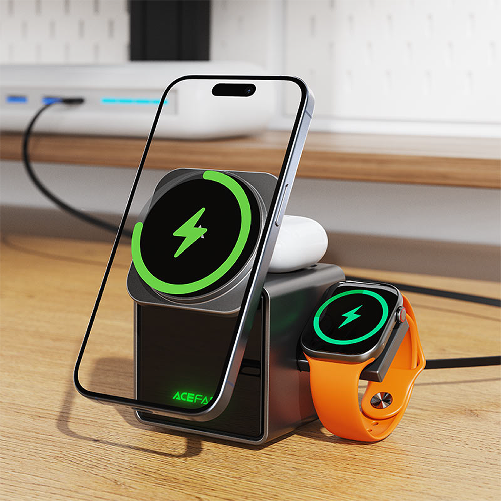 Estación de Carga Inalámbrica 3 en 1 Acefast E34 – Diseño Flip Eléctrico, Negro