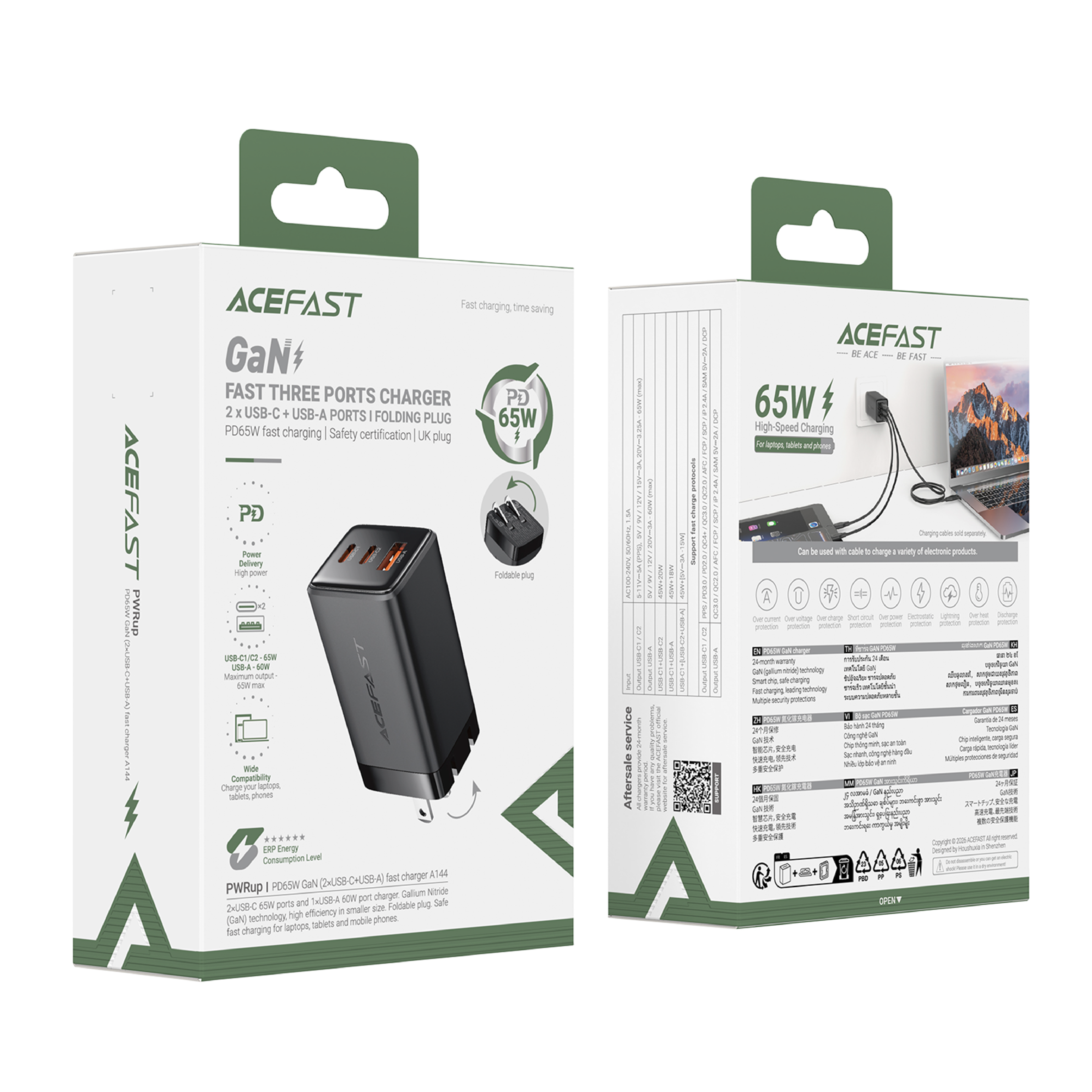 Cargador de Pared Acefast A144 GaN 65W – 3 Puertos (2 USB-C + 1 USB-A), Negro