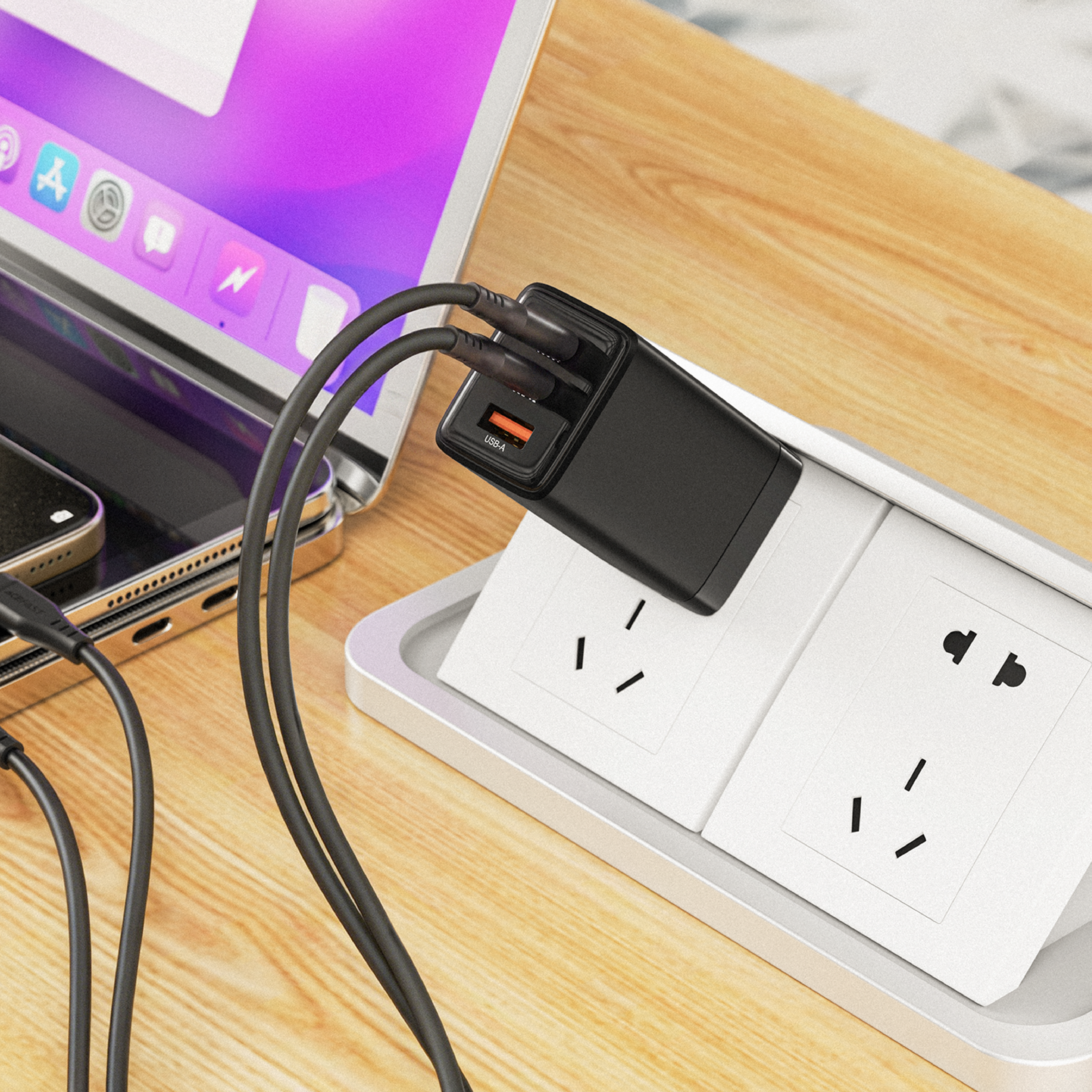 Cargador de Pared Acefast A144 GaN 65W – 3 Puertos (2 USB-C + 1 USB-A), Negro