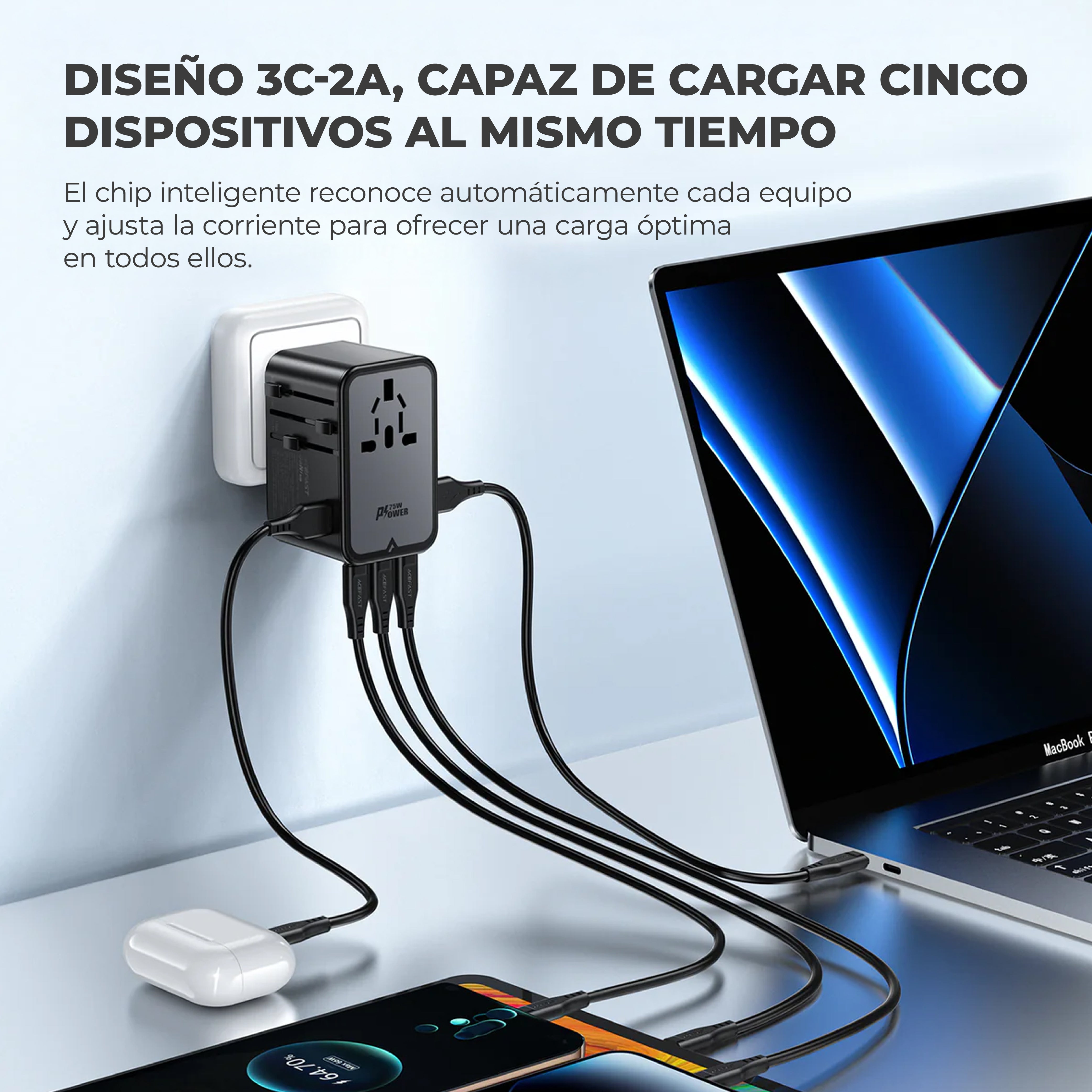 Adaptador de viaje Acefast GaN 75W 3xUSBC +2xUSBA +1xAC Multifuncional
