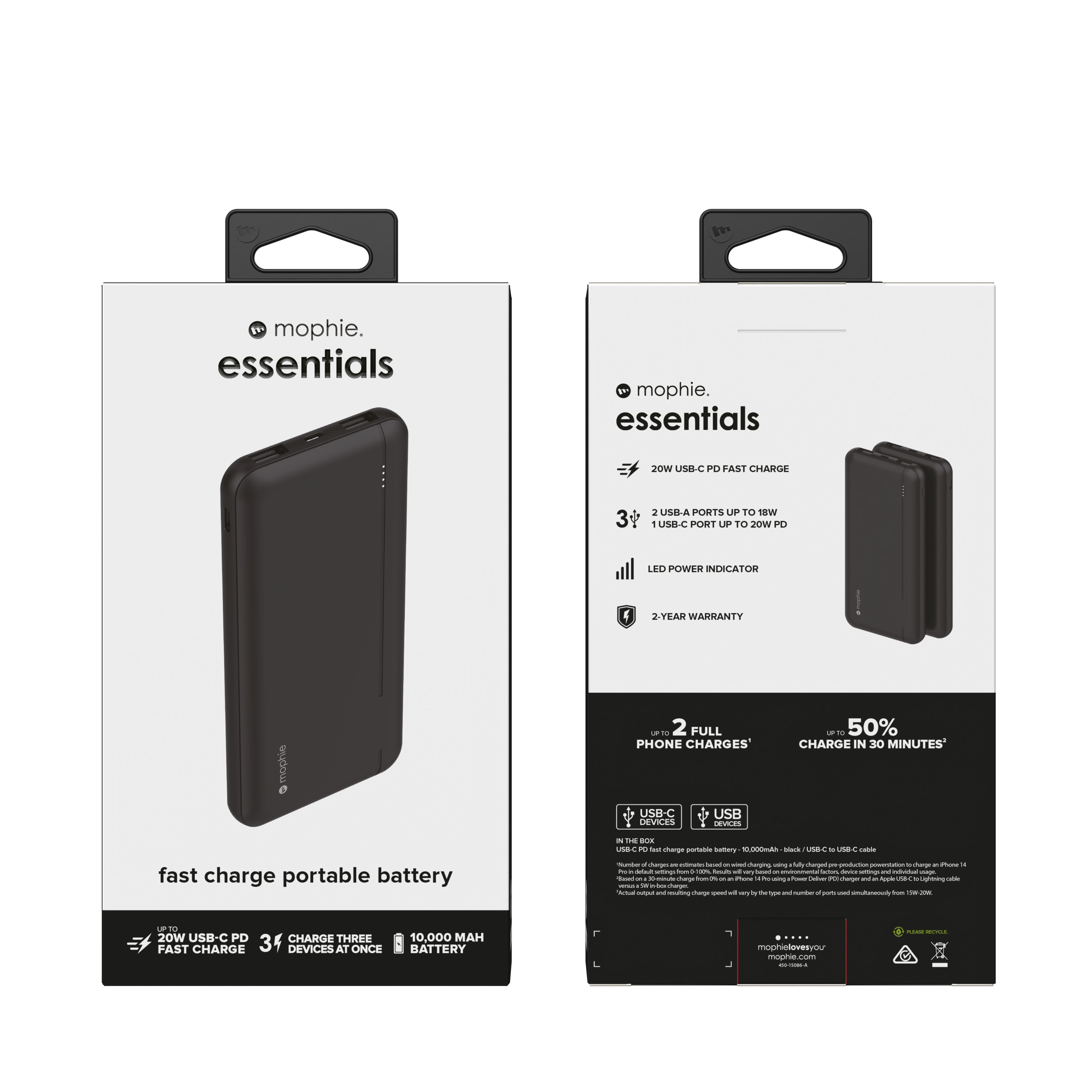 Batería portátil 10,000mAh mophie powerstation con salida USB-C PD de 20W - Negro