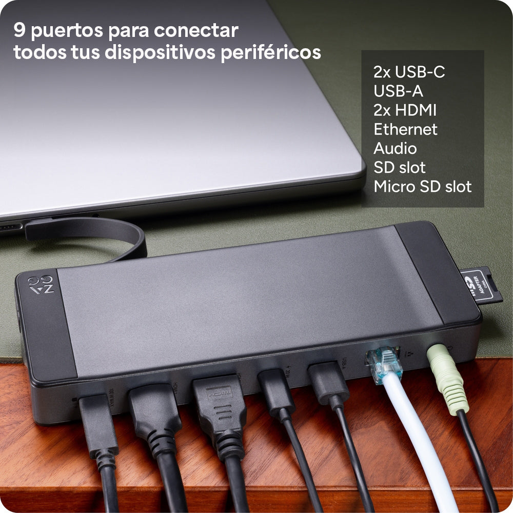 Hub adaptador ZAGG 9 puertos: 2 USB-C, 2 HDMI 4K, Ethernet, USB-A, SD/MicroSD, 1 cable USB-C integrado