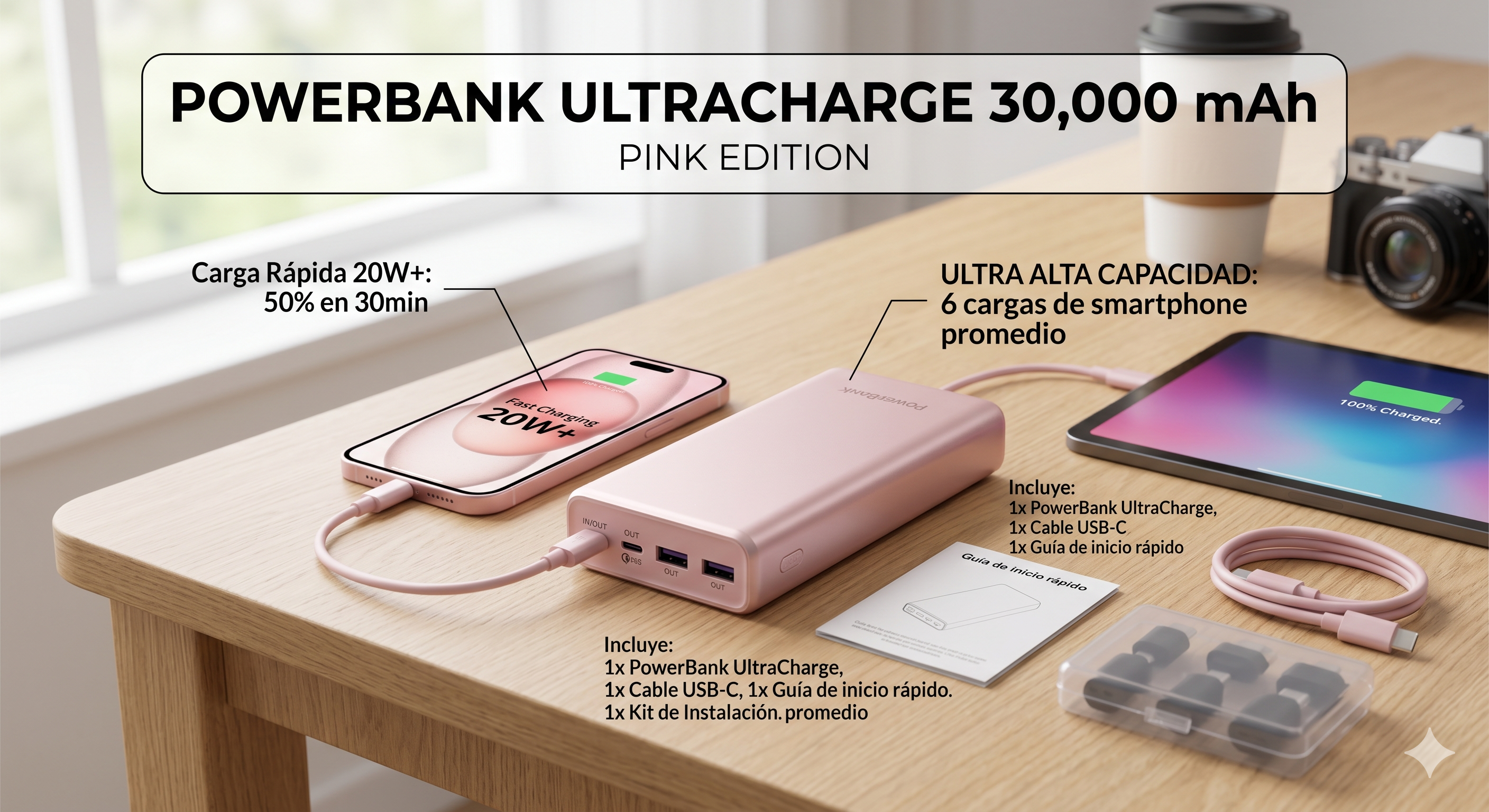 PowerBank UltraCharge 30,000 mAh - Edición Rosa Pastel