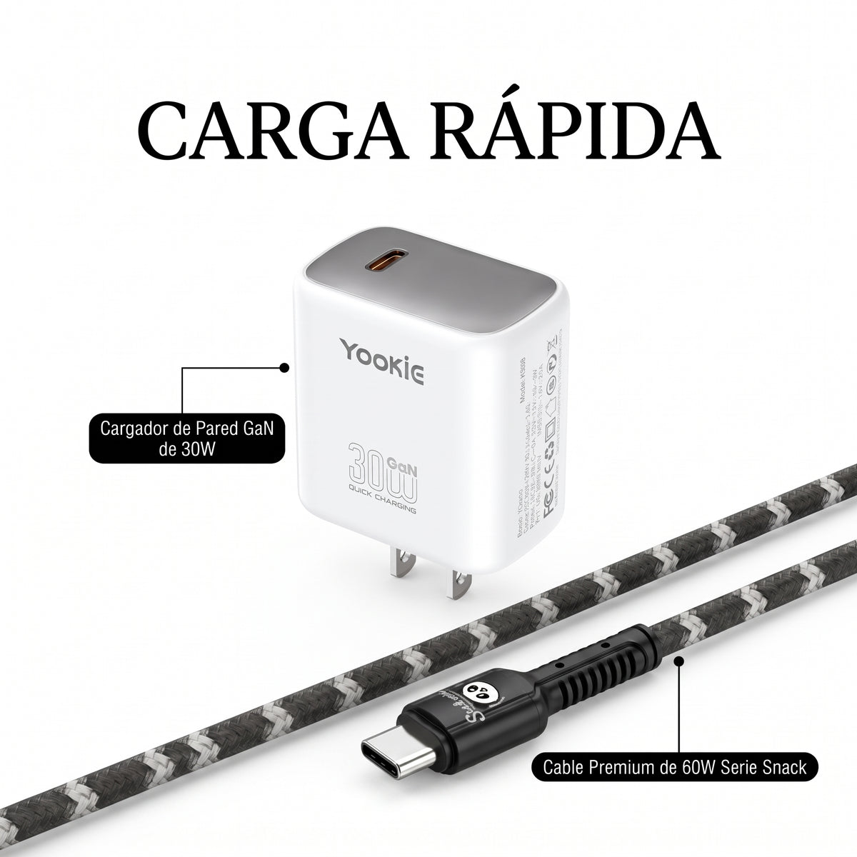 Cargador Yookie GaN 30W + Cable Yookie USB-C 60W | Carga Rápida