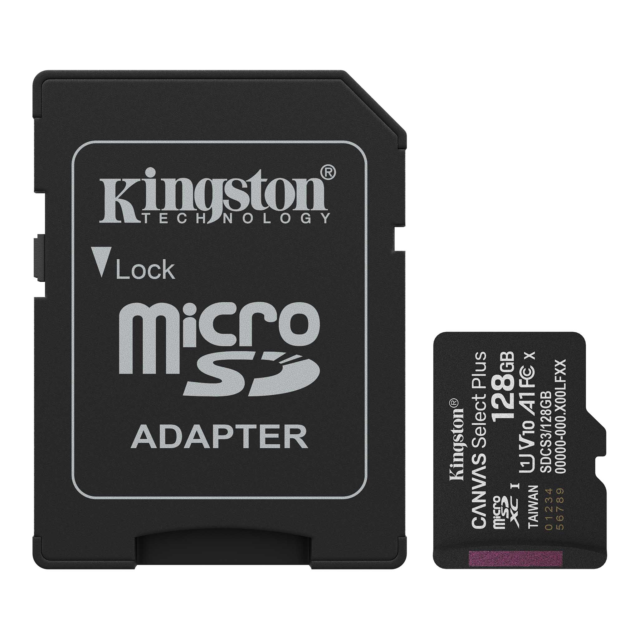 Memoria Micro Sd Kingston 128Gb Canvas Select Plus (Sdcs3/128Gb) Con Card Adaptador, Clase 10, Uhs-I, U1, V10, A1, 150Mb/S