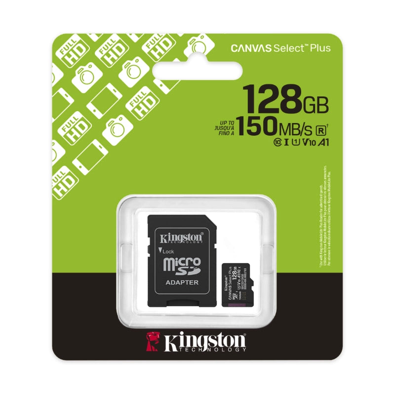 Memoria Micro Sd Kingston 128Gb Canvas Select Plus (Sdcs3/128Gb) Con Card Adaptador, Clase 10, Uhs-I, U1, V10, A1, 150Mb/S