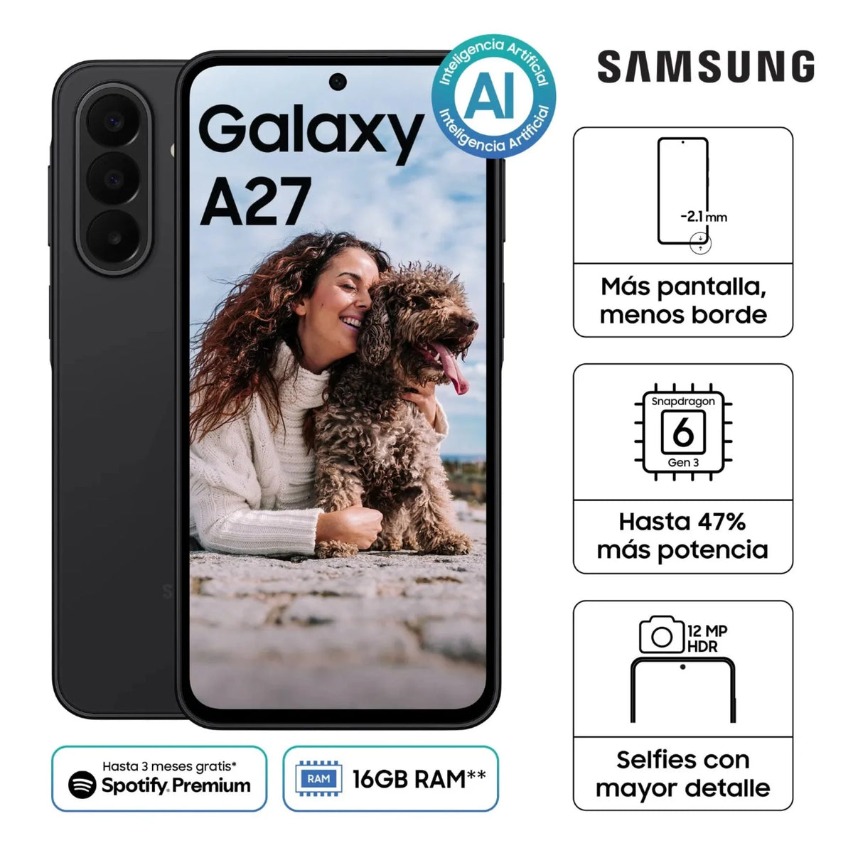 Celular Samsung Galaxy A27 5G 8GB + 256GB – Pantalla 6.7'' Super AMOLED 120Hz y Cámara 50 MP, Negro